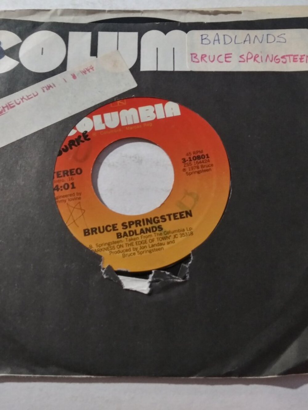 Bruce Springsteen – Badlands NM Original 45RPM Columbia 3-10801 Record 1978 ROCK